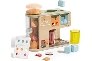 TOP BRIGHT Wooden Vending Machine Play Set, Play Food for Kids，Pretend Play Toys with Wooden Snack Bars and Drink Cans, Montessori Toys for Boys Girls Capybara Gift Age 3+ (Drink Dispenser)