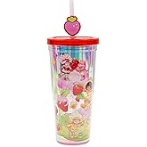 Silver Buffalo Care Bears and Strawberry Shortcake Featuring Cheer, Funshine, Friend, Orange Blossom, and Lemon Meringue Iridescent Plastic Cold Cup with Lid and Topper Straw, 24 Ounces