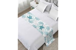 HOMECHOID Turquoise Coastal Bed Runner for Full/Queen Size Bed, Bedspread Protector Slipcover Bed Scarf for Foot Bed Runners & Scarves for Bedroom Hotel Wedding Room 83x20 Sea Turtle Nautical Coral Summer Beach