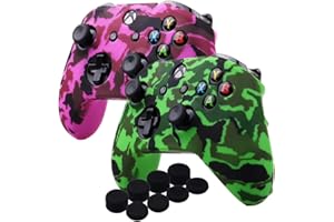 YoRHa Water Transfer Printing Camouflage Silicone Cover Skin Case for Microsoft Xbox One X & Xbox One S Controller x 2(Green&Dark Pink) with PRO Thumb Grips x 8