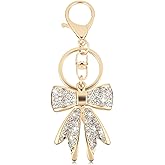 Sorcristy Sparkly Gold Bow Keychain for Backpacks, Pink/Beige Rhinestone Keychains, Bag Charms, Women Y2K Cute Bows Keychain
