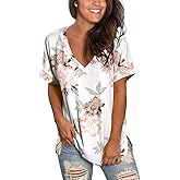 SAMPEEL Women's V Neck T Shirts Casual Rolled Short Sleeve Side Split Summer Tops Loose Fit