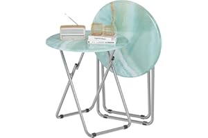 Fleecy day TV Tray Round Table, Small Foldable Table, Portable Dinner Table for Eating, Snack Side Trays Table Set of 2, No Assembly Required (Ocean Blue Marble, 2Pcs)