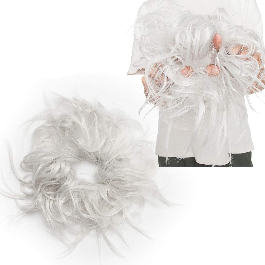 Tousled Updo Messy Bun Hair Extension Instant Ponytail With Elastic Rubber Band Updo Chignon Donut Scrunchies Extensions Hairpiece Synthetic Wavy Hair for Women Silver Gray - Image 3