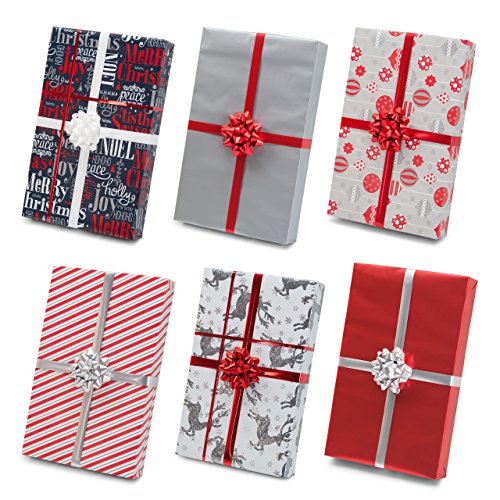 Red + Silver Designer Wrapping Paper Set: 4 Rolls (6 Designs) of Premium Gift Wrap (75 sq. ft.) with 30 Coordinated Bows, 5 Ribbons, and 24 Gift Tags with Bonus Euro Tote and Tissue Paper