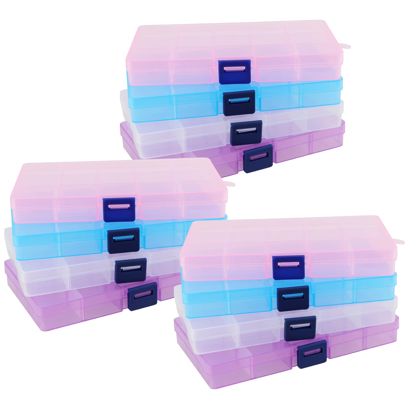 ZEONHEI 12 Pack 15 Grids Plastic Storage Box with Compartments, Craft Bead Storage Organiser Box with Adjustable Dividers, Colored Diamond Art Storage for Craft Sewing Screws Jewellery, 4 Colours