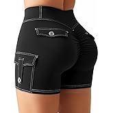 SEASUM Women's 4.5" Booty Lifting Scrunch Shorts One-Sided Cargo Pocket Yoga Denim-Look Bottoms