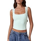 QINSEN Women's Lace Trim Square Neck Sleeveless Double-Layer Tank Top