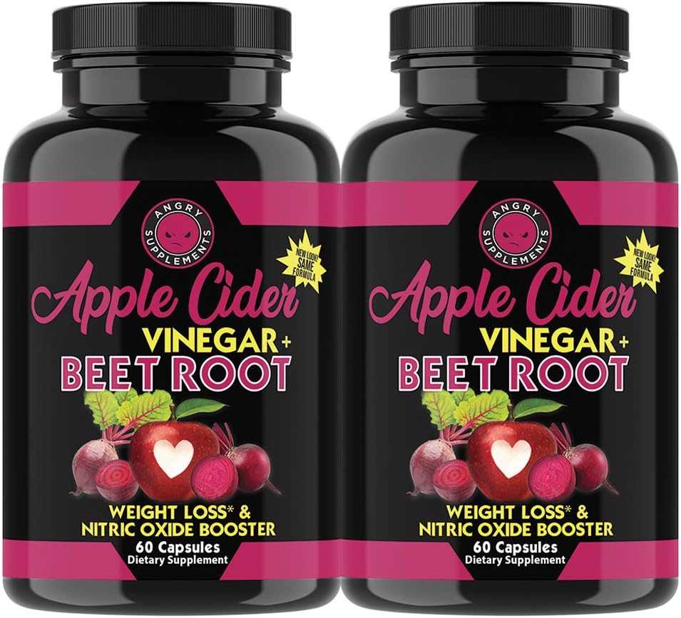 Angry Supplements Apple Cider Vinegar + Beet Root Capsules, Detox Pills, Nitric Oxide + Energy Booster (2-Bottles): Health & Personal Care