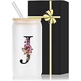 Monogrammed Glass Drinking Cup With Lid Straw Women Her Sister Mom Girlfriend Aunt Best Friend Friendship Grandma Bestie Wife Daughter Law Lady Happy Birthday Cool Funny Meaningful Unique Gifts Cute,J