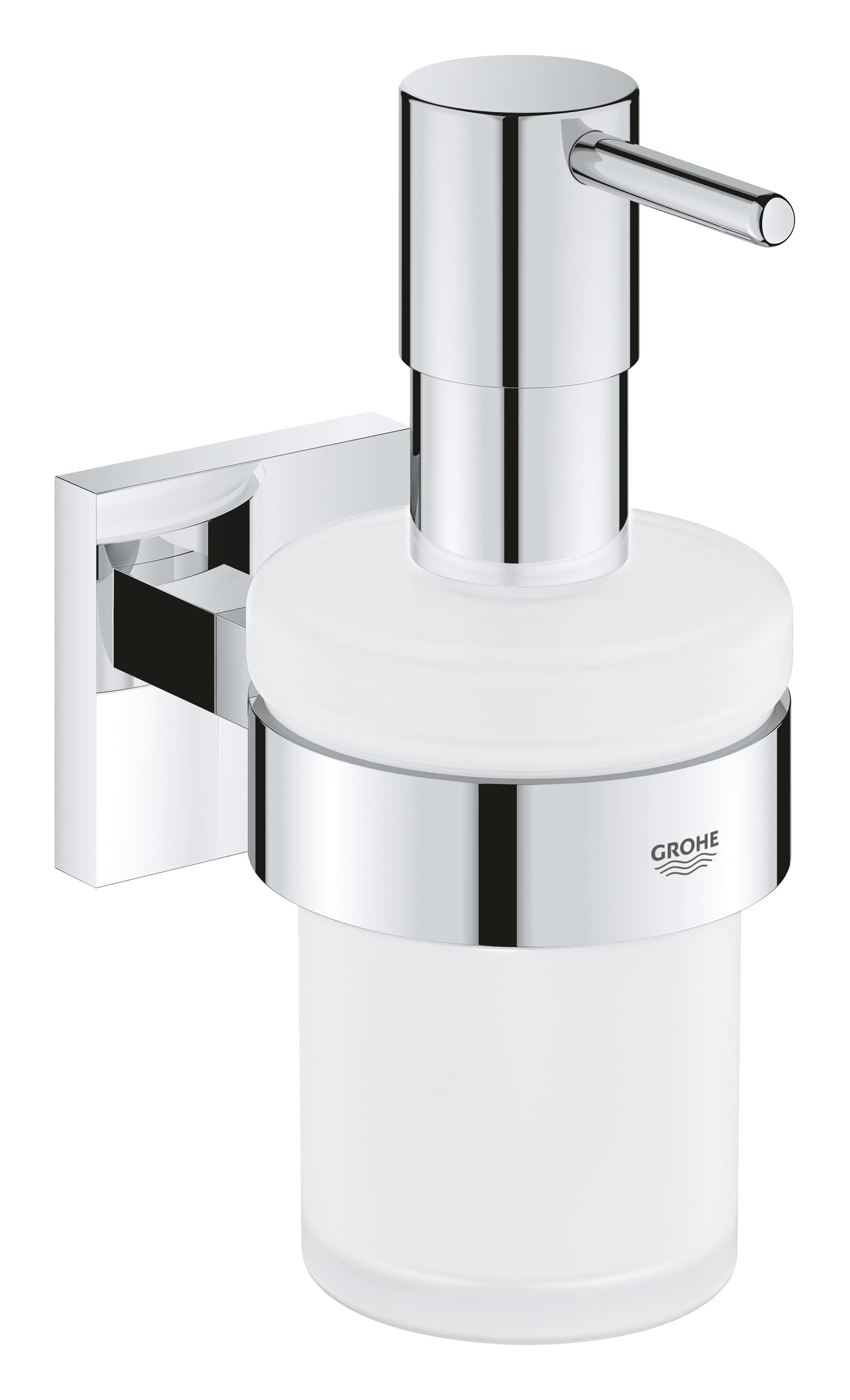 GROHE Start Cube Soap Dispenser with Holder (Material: Frosted Glass & Metal, Filling Quantity 160ml, Including Screws and Dowels), Size 158mm, Extra Easy to Fit with GROHE QuickGlue, Chrome, 41098000