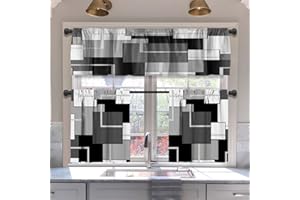MCALK Dark Grey Blackout Kitchen Curtains Tiers and Valances Set 3 Piece for Windows Geometric Modern Art Kitchen Window Curtains Set,Grey and Black Valances for Living Room(36" Tiers Set)