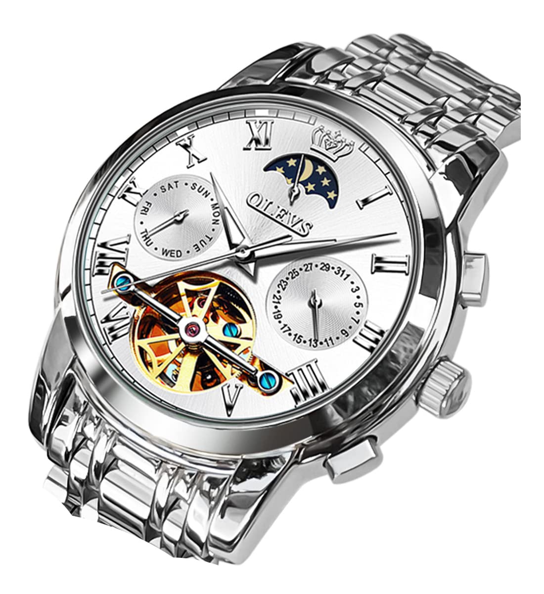 OLEVS Automatic Mechanical Men Watches Tourbillon Moon Phase Stainless Steel Dress Fashion Business Luminous Waterproof Date Week Men Watches Luxury Watch:White