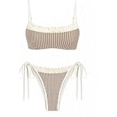 seamoly Gingham Spliced Ruched Ruffles Trim Bowknot Decor Tie Side Bikini Set