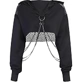 Kisswow Womens Fishnet Cropped Hoodie with Chain Emo Long Sleeve Mesh Top | Edgy Cropped Hoodie, Fishnet Top with Chain, Festival Rave Outfits for Women Emo Alt Y2k Gothic Clothes.