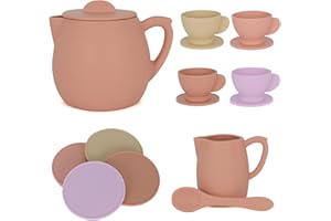 Babes Choice 12Pcs Silicone Tea Party Set for Little Girls - Pretend Play Eco-Friendly, BPA Free Kids Tea Set, Dishwasher Safe Tea Set for Toddlers - Durable Toys(Tan)