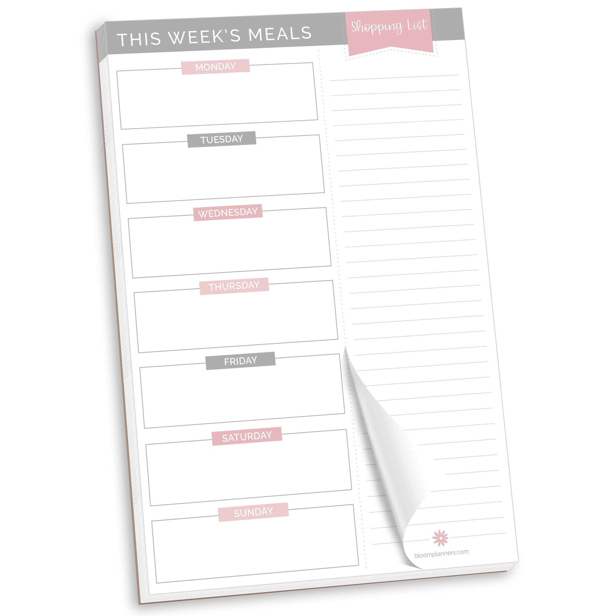 bloom daily planners Grey & Pink Weekly Meal Planning Pad - Magnetic Hanging Refrigerator Menu Planner with Tear-Off Sheets & Perforated Grocery Shopping Lists - 6” x 9” - Neutral