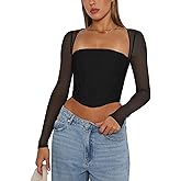 REORIA Women's Sexy Mesh Long Sleeve Boned Corset Top Trendy Y2K Square Neck Going Out Bustier Crop Tops