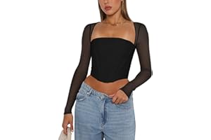 REORIA Women's Sexy Mesh Long Sleeve Boned Corset Top Trendy Y2K Square Neck Going Out Bustier Crop Tops
