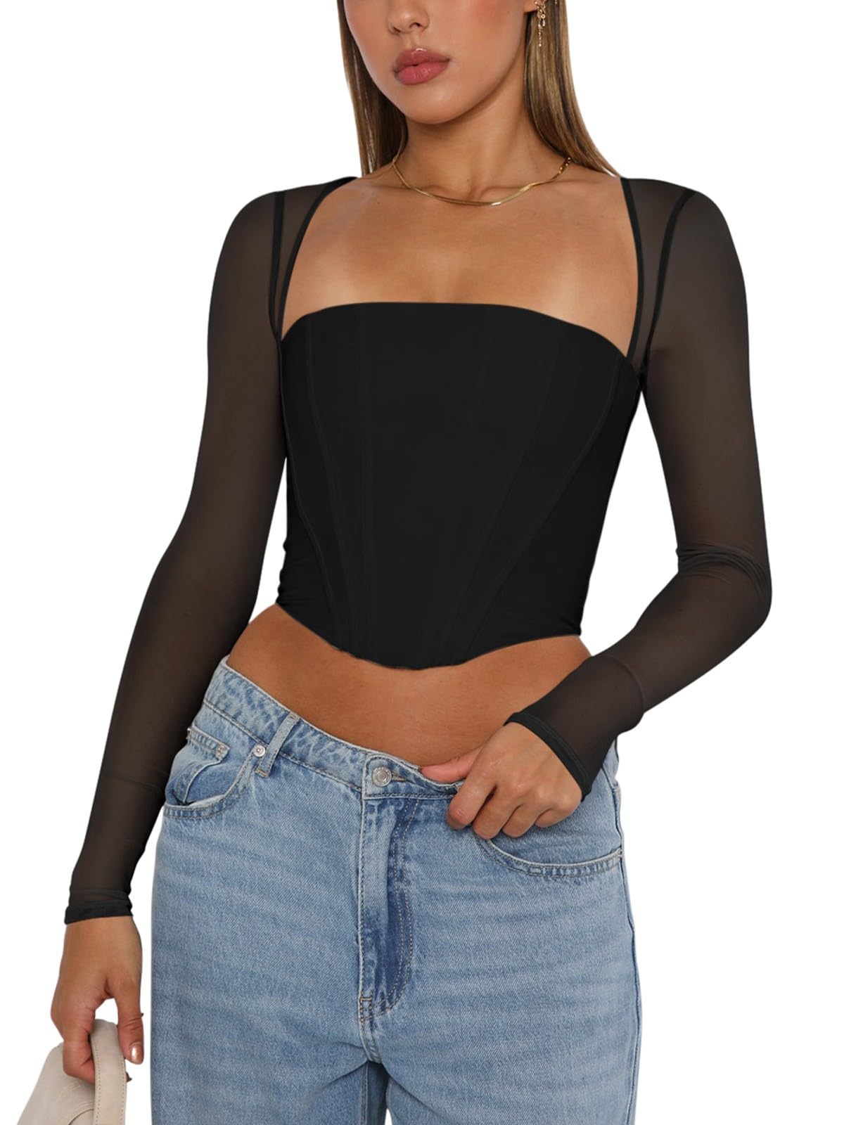 Photo 1 of REORIA Women's Fall Sexy Trendy Mesh Long Sleeve Boned Square Neck Crop Tops Corset Slim Fit Going Out Busiter Tops Valentines Day Outfit (Black Large)