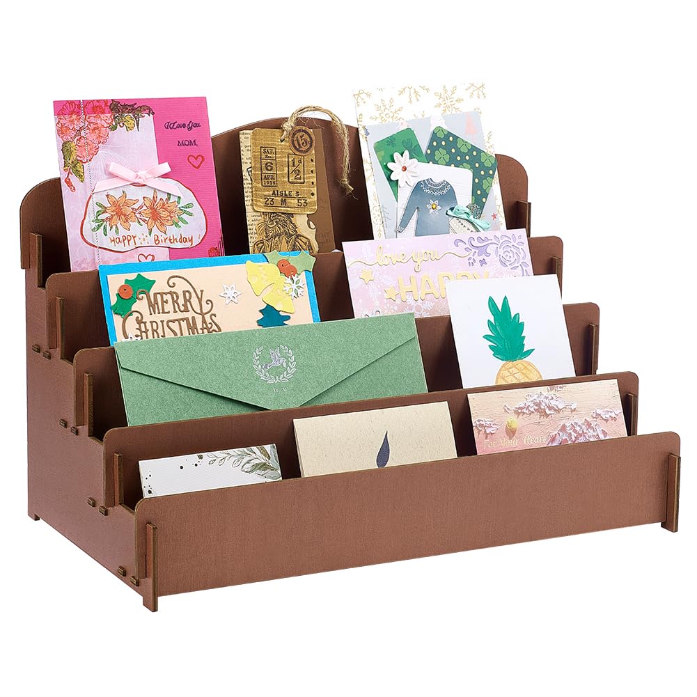 Photo 1 of twinklemon Greeting Card Display Stand Holder 4-Tier Wooden Organizer Display Rack Postcard Display Portable Birthday Card Display Retail Counter Table Display for Stamp Stickers & Stationery Vendors