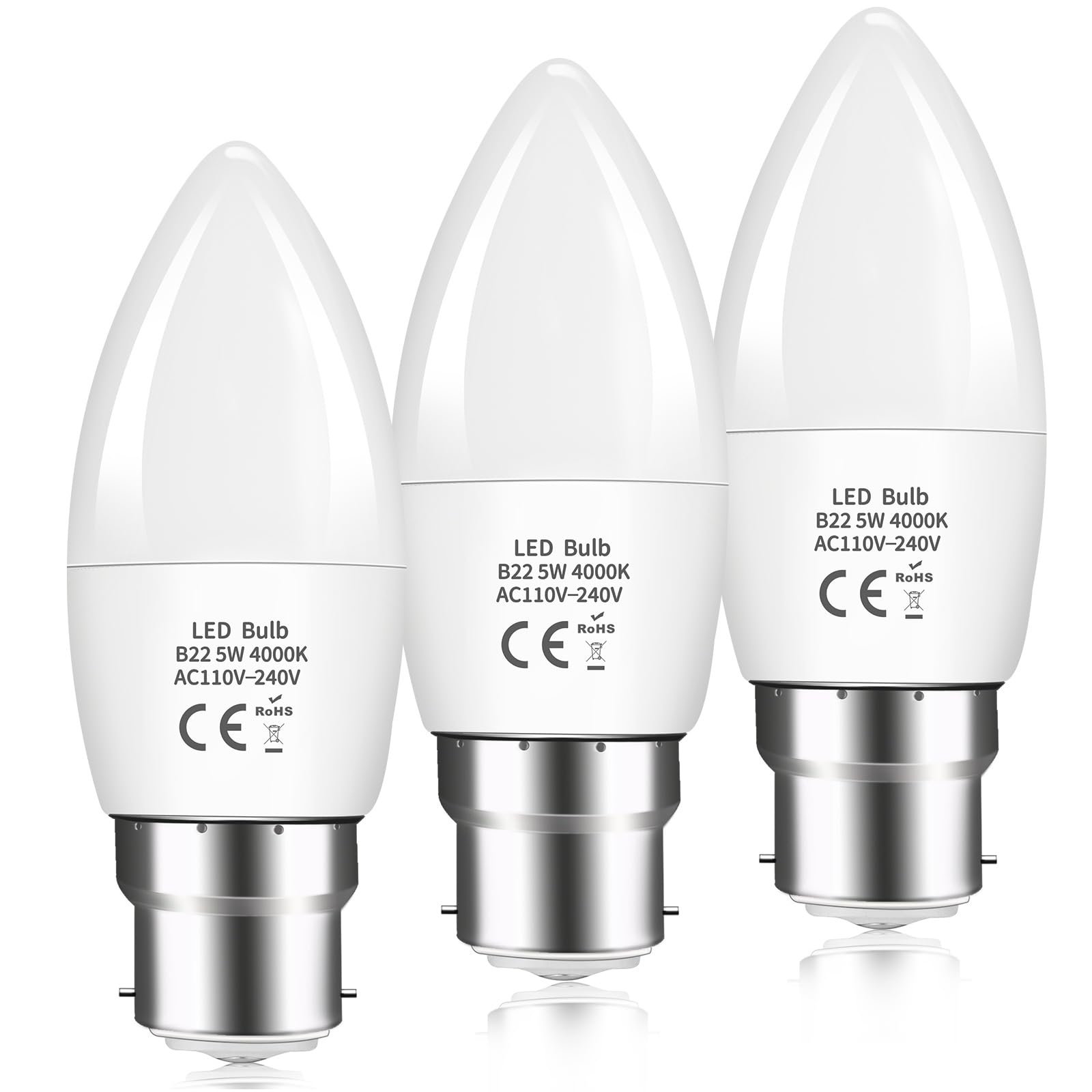Caldarax B22 LED Bayonet Cap Candle Bulbs 5W, C37 B22 LED Candle Light Bulb 40W Equivalent, 470LM Daylight Natural White 4000K, BC Energy Saving Candle Bulbs, Non-Dimmable, Pack of 3