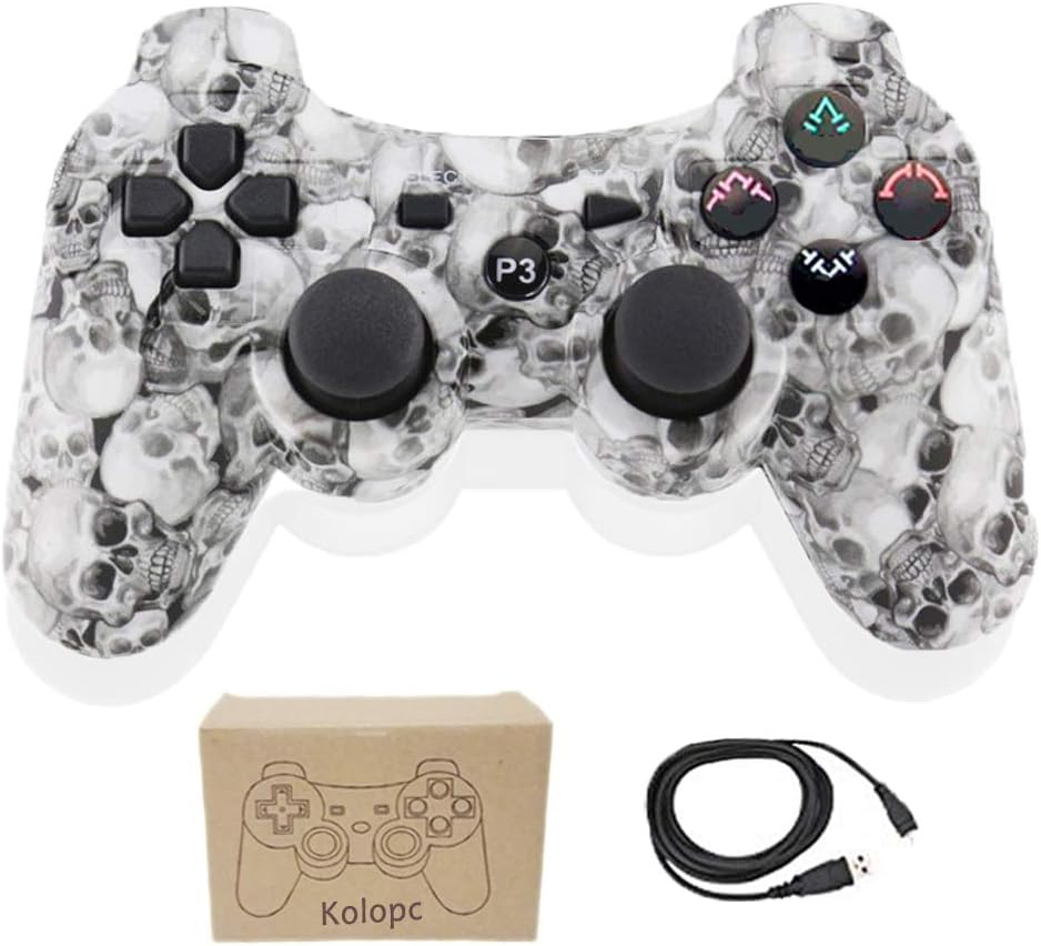 Kolopc Wireless Controller Gamepad Remote for PS3 Playstation 3 Double Shock - Bundled with USB Charge Cord(White Skull)