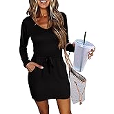 LUXVEER Women's Long Sleeve Dress V Neck Drastring Waist Casual Short Mini Dresses 2025 Trendy Fall Outfits
