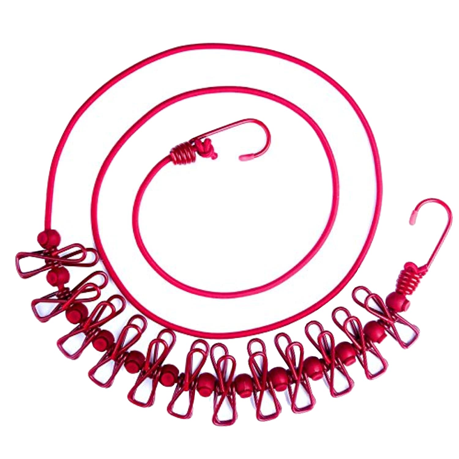 Portable Clothesline with 12 Clothespins, Windproof Travel Clothesline Stretchy Elastic for Outdoor Camping,Vacation Hotel,Balcony,Backyard (RED)