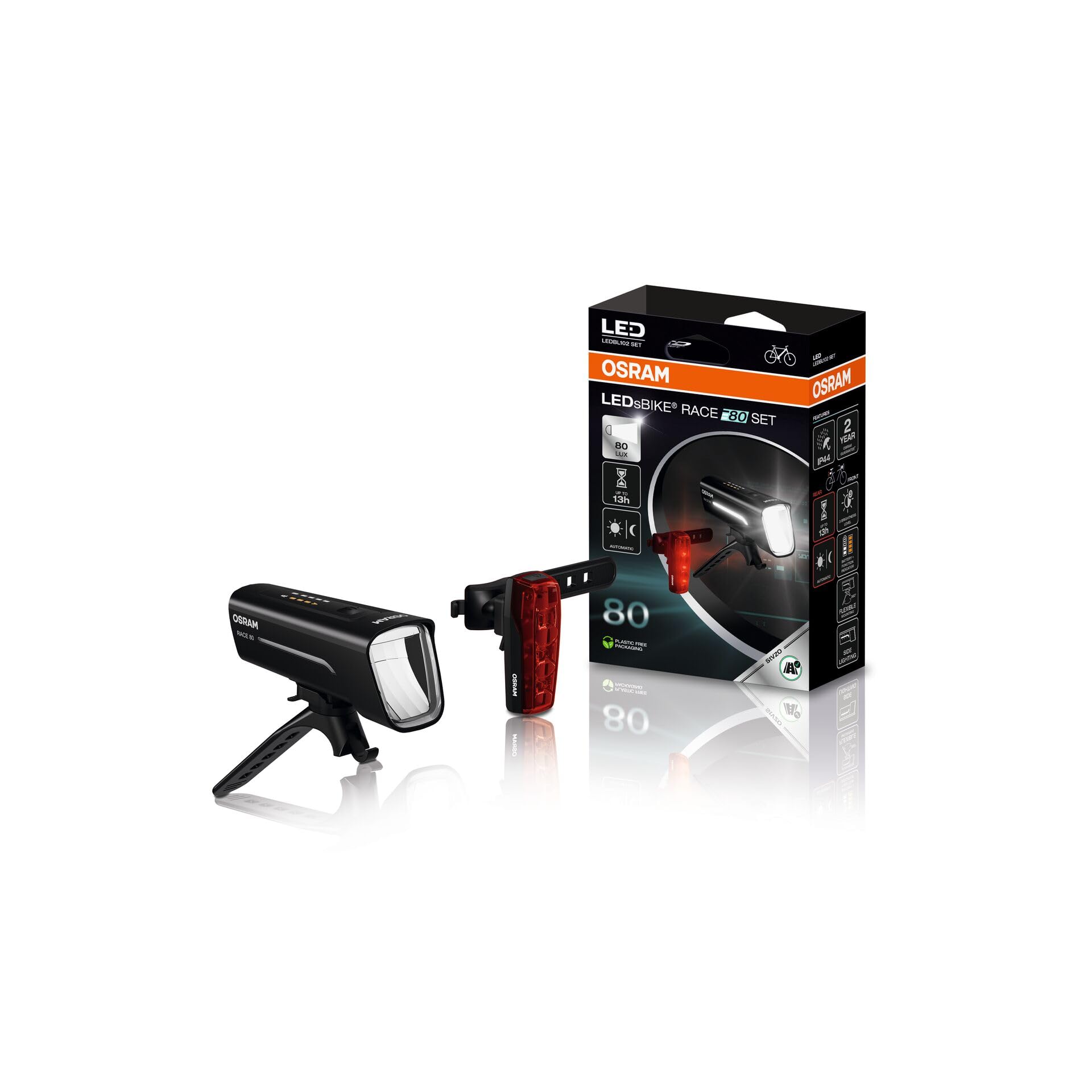 OSRAM LEDsBIKE RACE 80 SET, rechargeable bike light set, StVZO approved front and rear LED light set, multiple lighting modes, three brightness levels, 80 lux