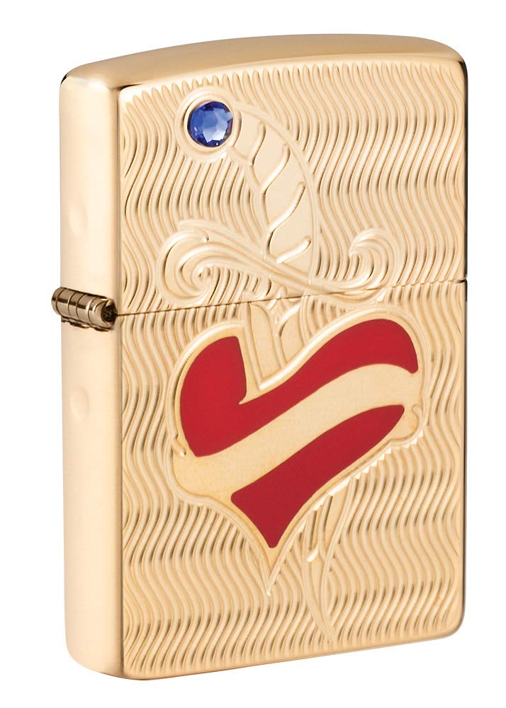 ZIPPO – Windproof Lighter, Heart and Sword Design, Deep Carve/Epoxy Inlay/Crystals Attached, Armor® High Polish Brass, Refillable, In Gift Box