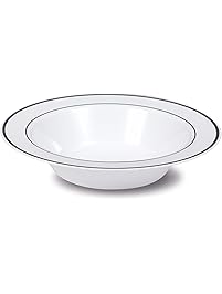 Select Settings [50 COUNT] Soup Bowls (12 oz.) - White with Silver Rim Plastic Disposable Bowls