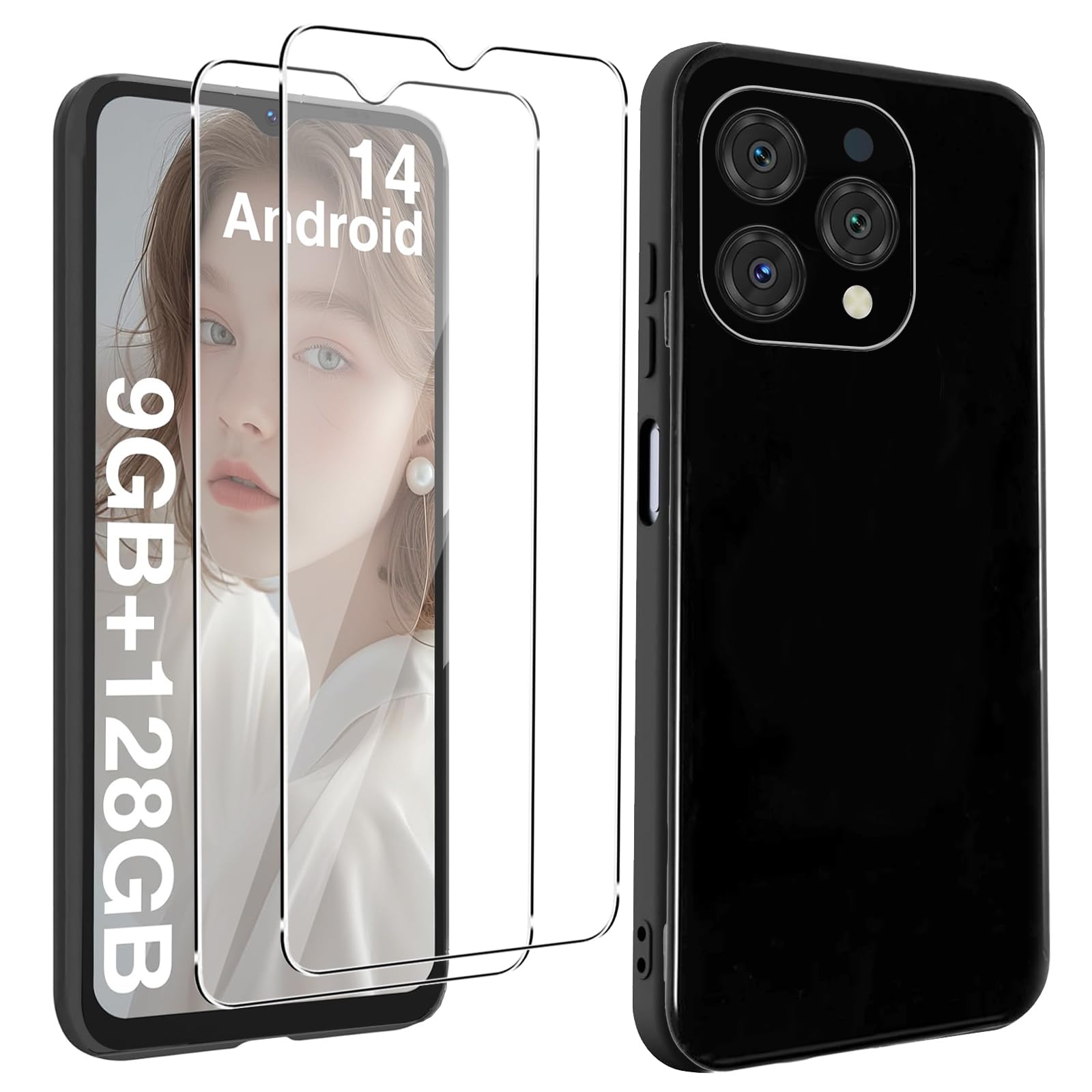 KZIOACSH Case for DOOGEE N55/N55 Plus, Flexible Ultra Slim Drop Protection Anti-Scratch Rugged Cover Silky-Soft Touch Shockproof Anti-Fingerprint TPU Bumper Cover with 2 Tempered Glass Black