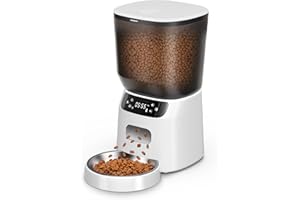 KATALIC Automatic Cat Feeder, Cat Food Dispenser with Stainless Steel Bowl, Timed Portion Control 20 Portions 6 Meals Per Day, Voice Recorder, Dual Power Supply for Small Dogs (White)