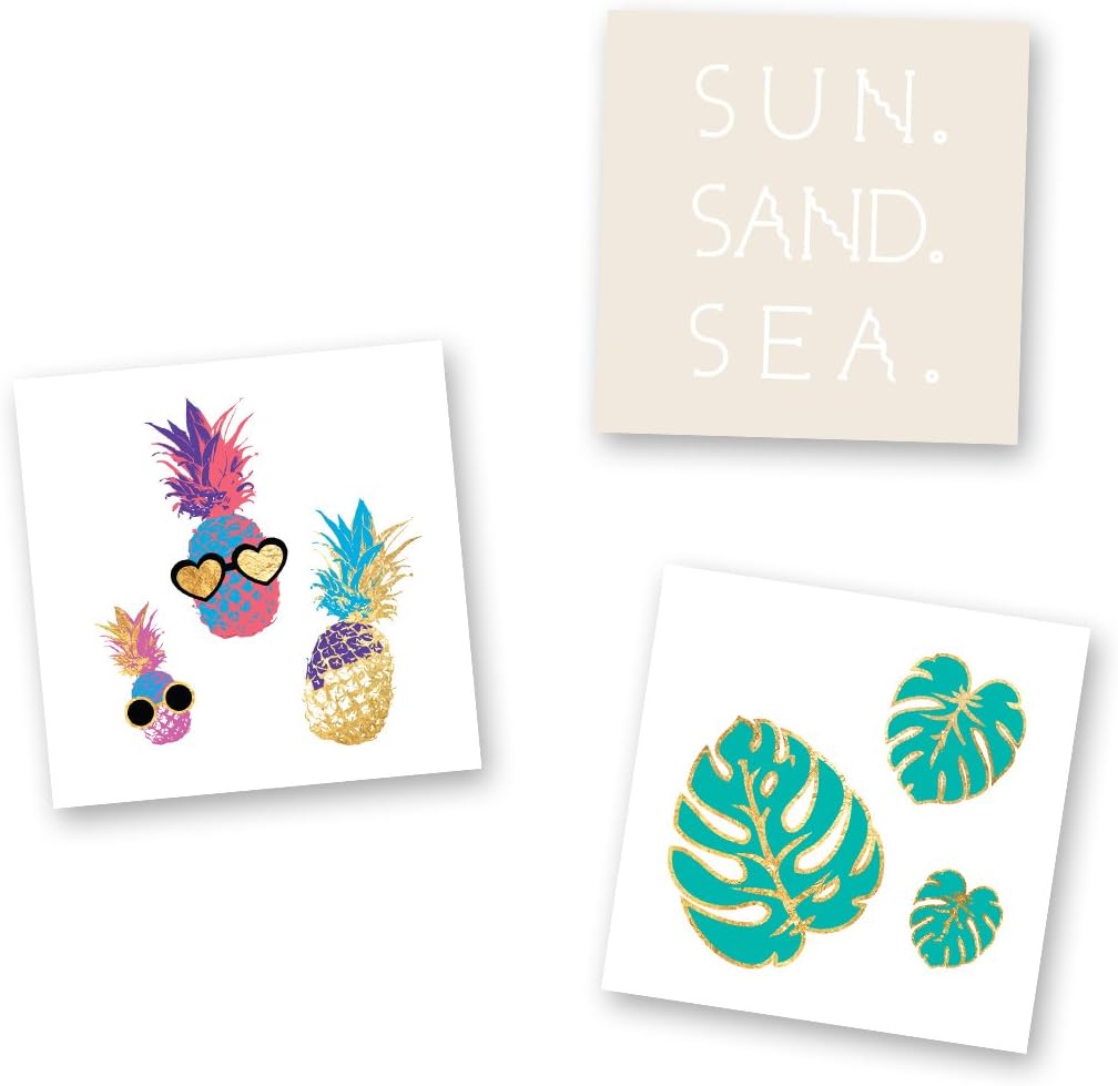 PARADISE VIBES MINI VARIETY SET of 3 assorted premium waterproof tropical metallic gold jewelry temporary foil party Flash Tattoos- party favor, metallic tat, temporary tattoo, pineapple, beach