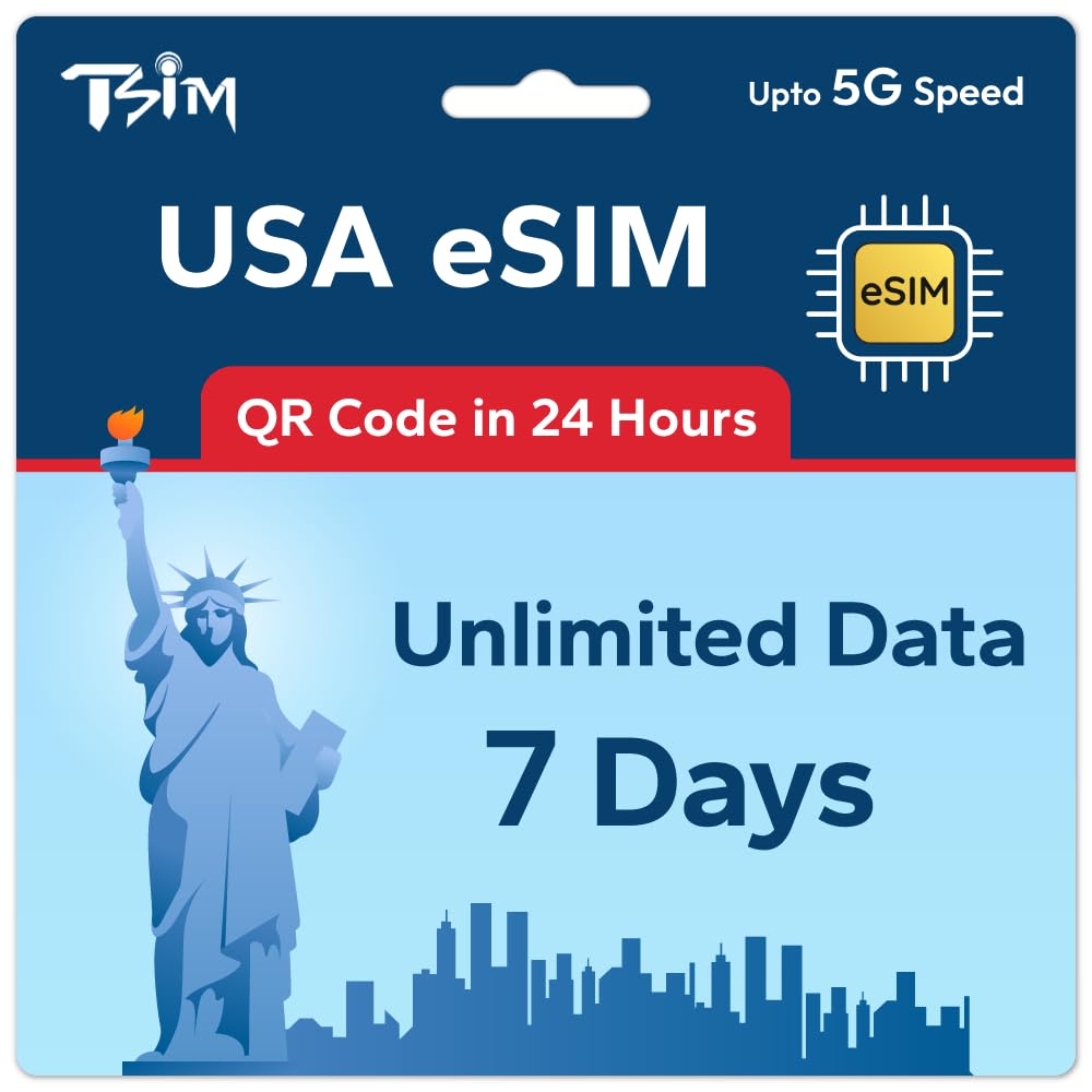 TSIM USA eSIM 7 Day | Unlimited Data | High Coverage Multi Operator 5G Network | Auto-Activating | Refillable Plan | Hotspot Allowed | eSIM QR Code Sent by Email within 24Hrs of Shipping | Data Only