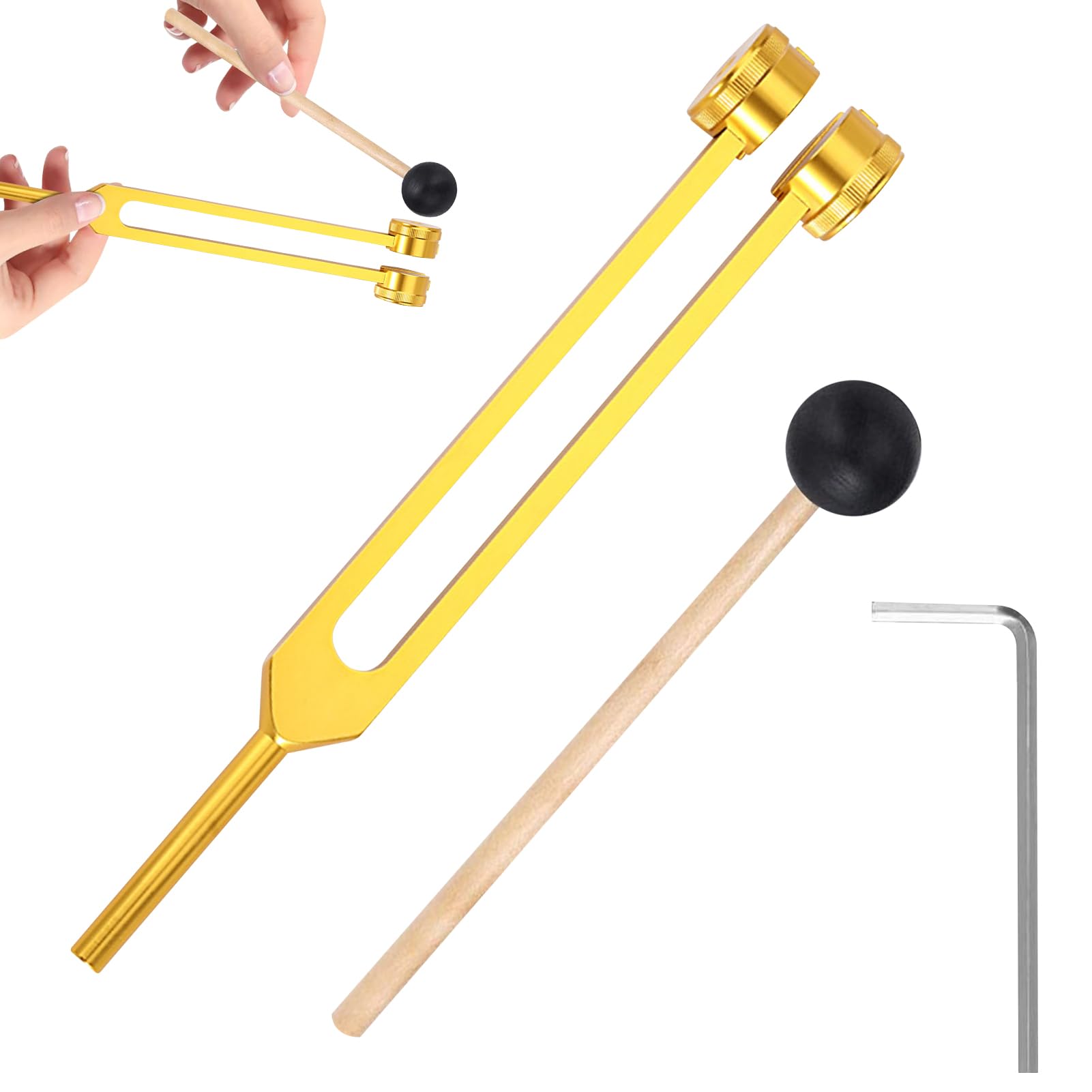 128hz Tuning Fork Hammer Aluminum Alloy Medical Non-Magnetic Body Weighted Tuning Fork + Wood Hammer for DNA Repair Healing Sound Therapy Balancing Healers Vibration Accurate Frequency (Gold)
