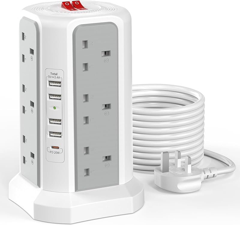 HAFINO 17 in 1 Tower Extension Lead 5M USB C 20W 12AC 5 USB Ports Surge