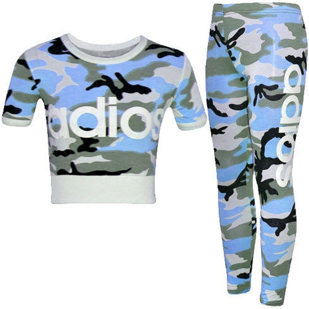 Girls Kids Adios Camouflage Print Army Crop Top & Bottoms New York 98 Leggings Tracksuit Suit Age 2-13 Years