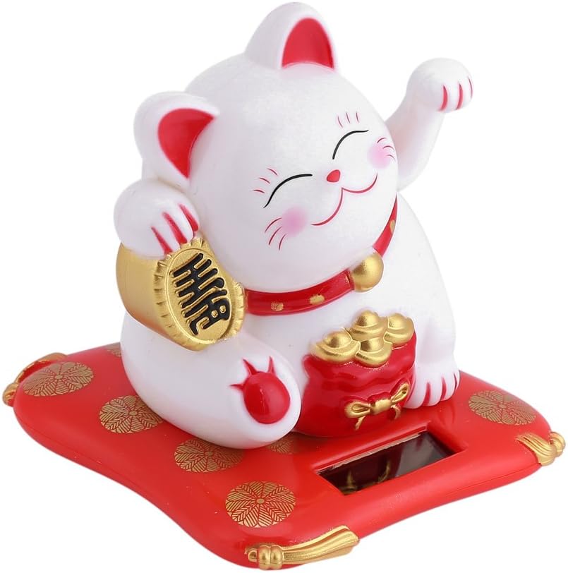 Maneki Neko Solar Powered Lucky Cat, White Plastic Waving Fortune Statue, Chinese Japanese Style Beckoning Decor for Car Home, Office - Image 3