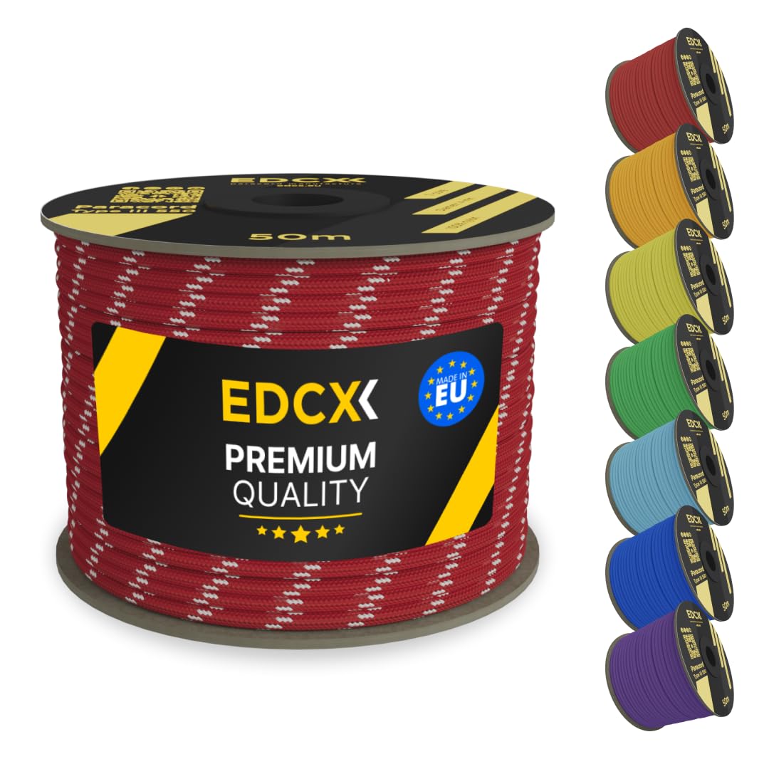 EDCX 4mm Nylon Paracord 550 50m (165 feet) | Ideal for Camping, Survival, Outdoor, Crafting, DIY | 100% Nylon Rope 4mm | Paracord 550 Type III in Solid Color (Reflective Red, 50 m)
