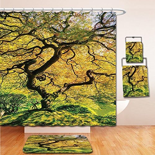 LiczHome Bath Suit: Showercurtain Bathrug Bathtowel Handtowel Japanese Decor Tapestry Shadows of a Large Maple Tree along with River with Sunlight Fall Season Nature Theme Green and Yellow
