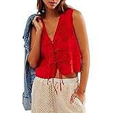 Women Y2k Tie Tank Top Sleeveless V Neck Open Front Eyelet Hollow Out Crop Vest Summer Cue Boho Going Out Cami Shirt