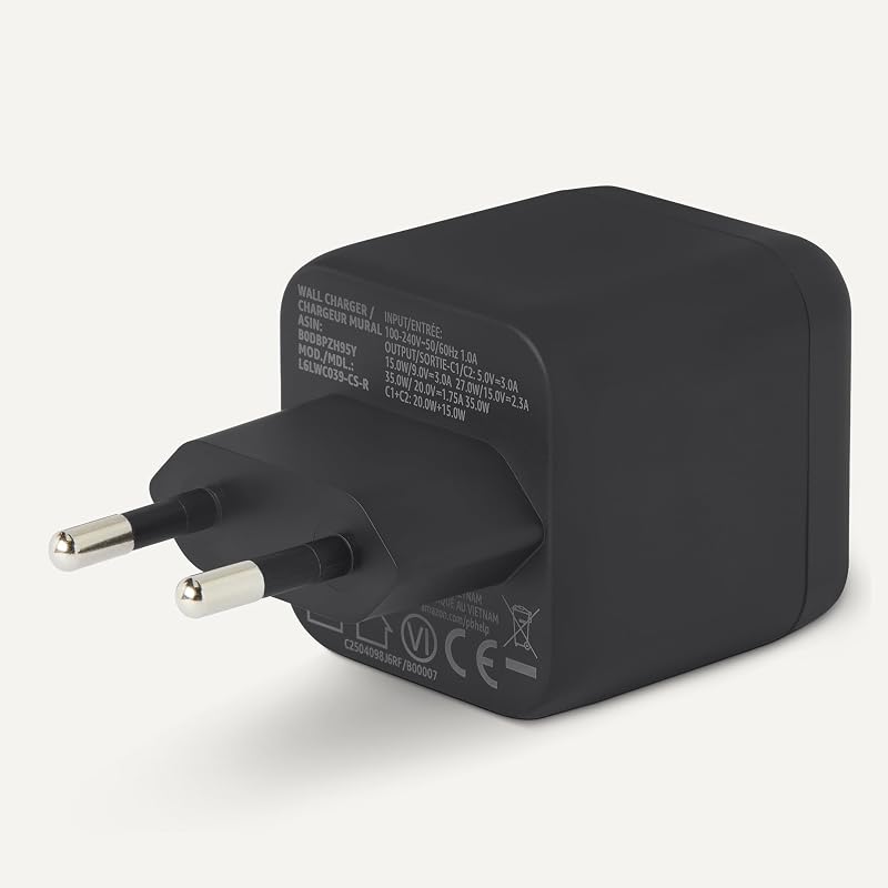 USB-C-Wandladegerät mit Nano-GaN-Technologie und Schnellladefunktion, 35W, 2 Anschlüsse für Tablets/Telefone, Schwarz — Foto 4 von 5