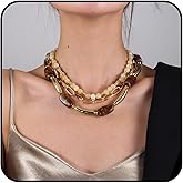 JWIGP Chunky Gold Layered Statement Necklace for Women, 3Pcs Multi-Layer Beaded Chain Choker with Brown Resin Accents Stackable Trendy Fashion Jewelry Gift