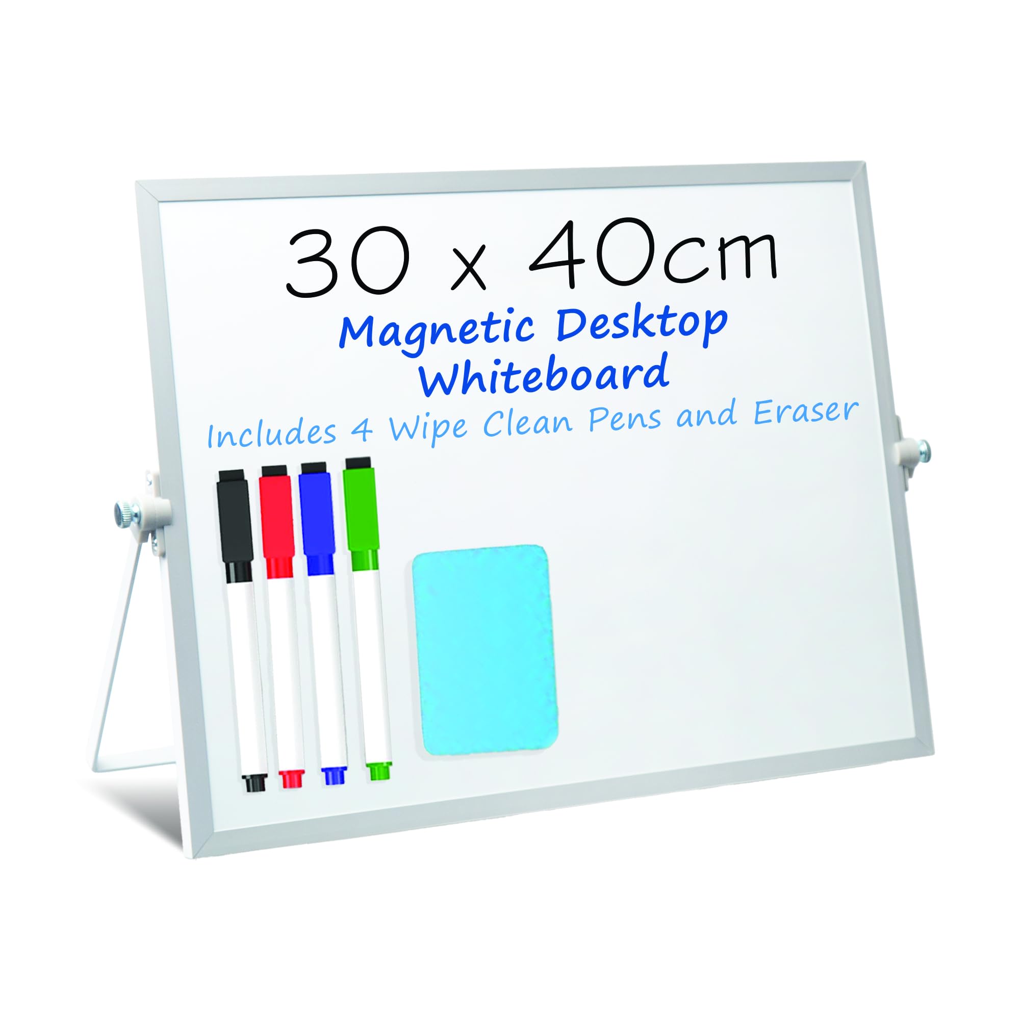 A3 Magnetic Dry Erase Whiteboard for Desk or Home - 30x40cm - Includes 4 Easy-to-Clean Pens & Eraser - Double-Sided Personal Easel Board with Stand