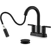 KENES Matte Black Centerset Bathroom Faucet with Pull Out Sprayer, 4 Inch 2 Handle Pull Down Bathroom Faucet 3 Hole, Bathroom Sink Faucet with Pop Up Drain & Supply Lines LJ-9069-2