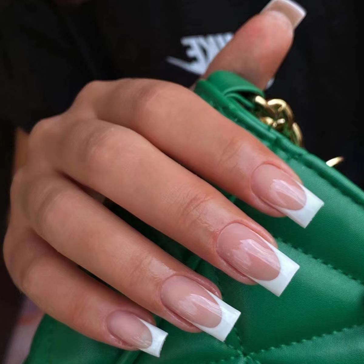Photo 1 of ANDGING Press on Nails - Short & Medium Coffin, French Tip with Nude Pink White Design, Full Cover Glue on Nails, Reusable 24Pcs for Christmas