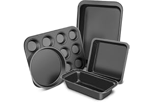 CasaCulina Baking Pans Set, 5-Piece Nonstick Bakeware Set with Round/Square Cake Pan, Loaf Pan, Cookie Sheet and 12 Cups Muffin Pan, Kitchen Cookware Pan Baking Sheet Set for Oven Baking Supplies