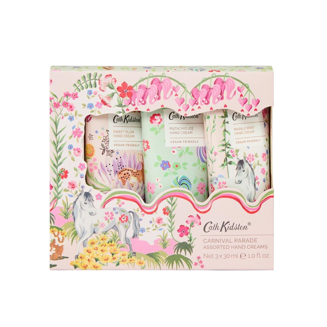 Cath Kidston Hand Cream Trio 3 x 30 ml, Scented and Infused With Essential Oils, Shea Butter, Pocket and Travel Size and Vegan and Cruelty Friendly, Beauty Gift For Her, Carnival Parade Collection